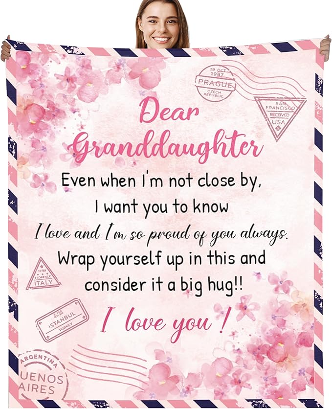 Granddaughter Gifts from Grandma Throw Blanket, Pink Floral Love Letter Postcard Design Soft Cozy Fuzzy Flannel Blanket, Christmas Birthday Gift for Granddaughter (50" x 60")