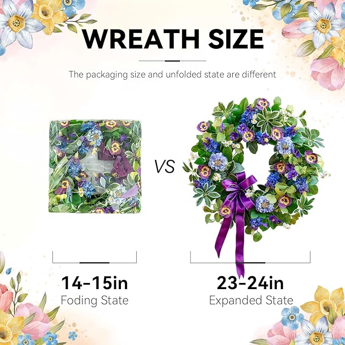 Spring Summer Wreaths for Front Door 24 Inch, Outdoor Summer Wreath with Pansy, Hydrangea & Floral Accents, Spring Wreath for Front Door Outside, Summer Wreaths Front Door for Home Decor