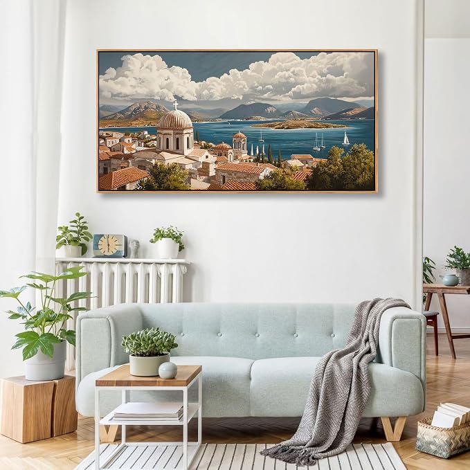 YDYSUNE Framed Retro Mediterranean Coastal Canvas Wall Art, Large Ocean Seascape Wall Decor for Living Room Bedroom Office Home, 20"×40"