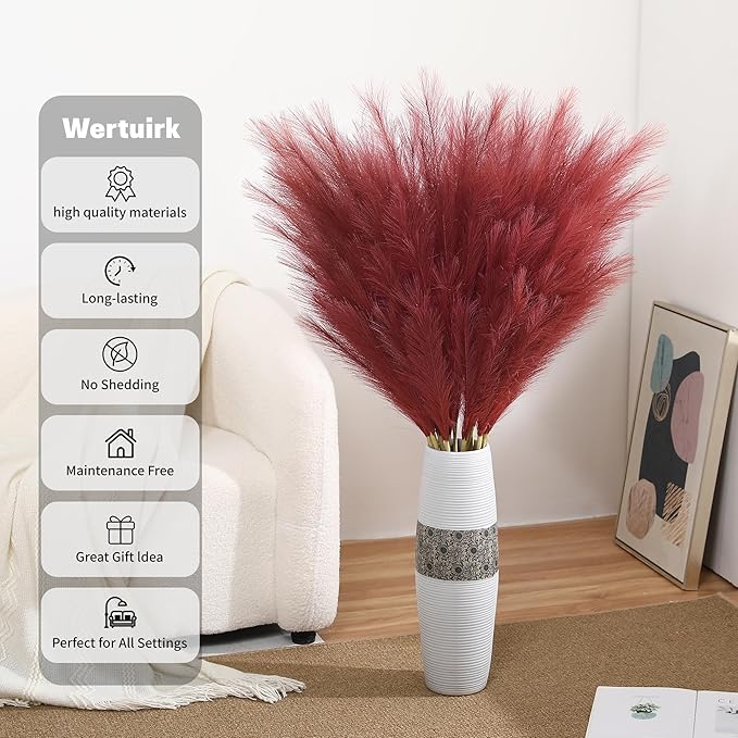 Wertuirk Burgundy Pampas Grass Decor, 8 Pcs 45 Inch Tall Large Faux Pompous Grass, Long Artificial Flowers for Floor Vases, Wedding Centerpieces, Baby Shower and Home Decoration (Burgundy)