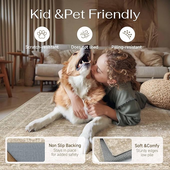 5x7 Washable Area Rug for Living Room Bedroom Vintage Beige Soft Low Pile Carpet Traditional Retro Non Slip Throw Rug for Dining Room Entryway Indoor Dorm Kitchen