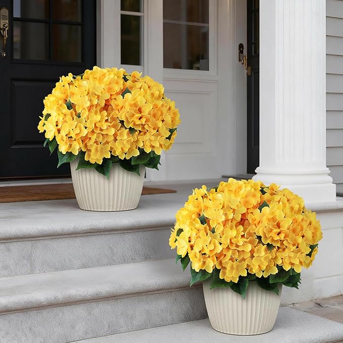 FOTEEWL 16 Bundles Artificial Hydrangea Flowers for Outdoor Decor, Realistic Faux Silk Bouquets Sun-Resistant Fake Plants for Front Door Balcony Farmhouse Garden Home Spring Summer Decor (Yellow)