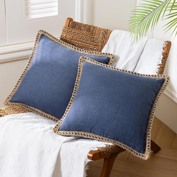 Phantoscope Pack of 2 Farmhouse Decorative Solid Throw Decorative Pillow Cover Burlap Linen Trimmed Tailored Edges Navy Blue 24 x 24 inches, 60 x 60 cm