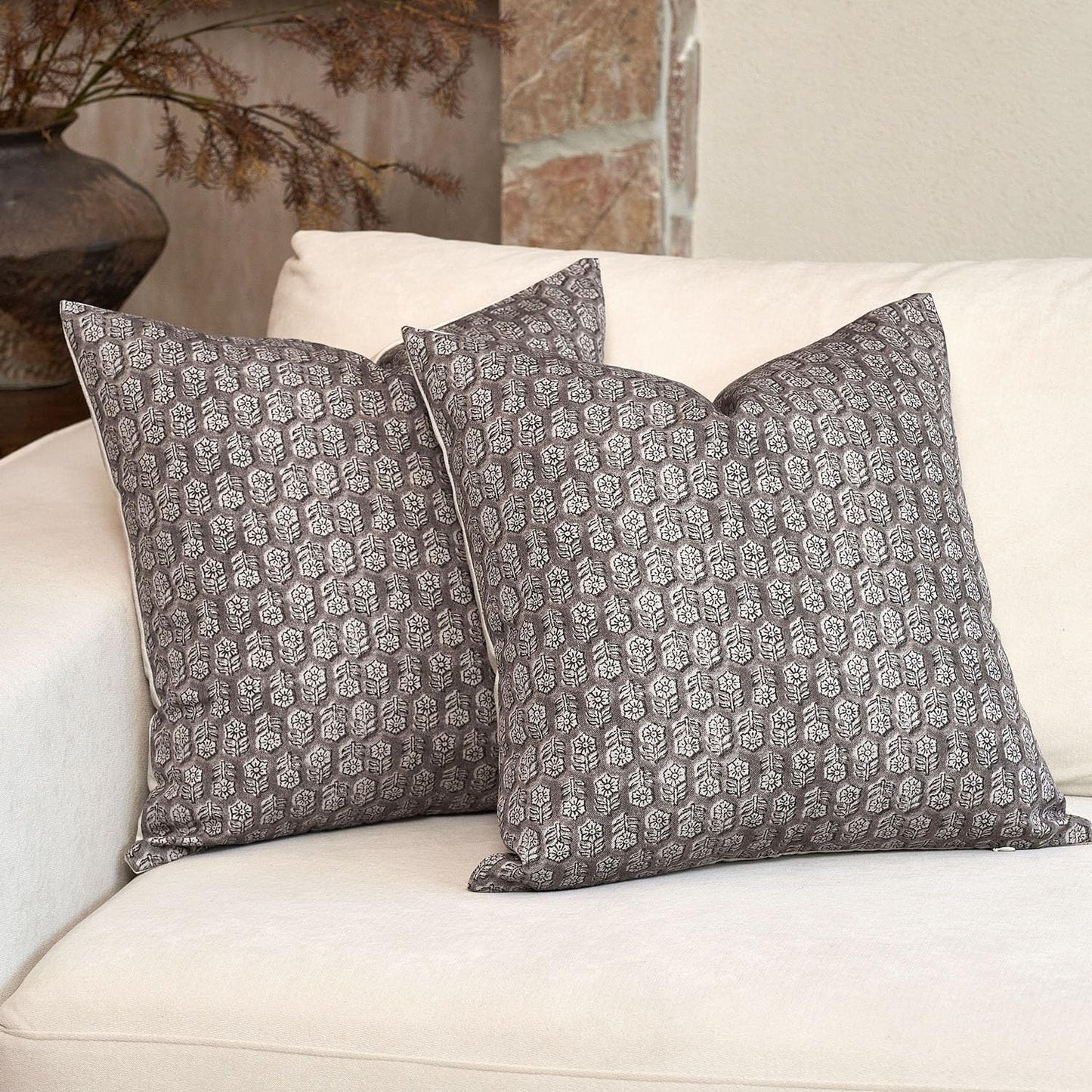 DOMVITUS Floral Pillow Covers Set of 2, Throw Pillow Covers 18x18, Floral Print Neutral Accent Decorative Pillow Covers for Living Room, Bed, Light Taupe