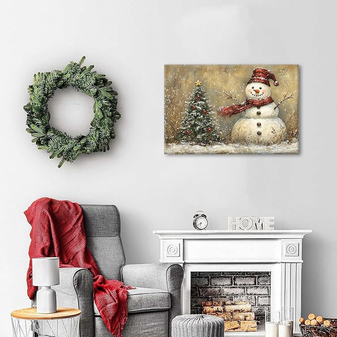 Christmas Snowman Wall Art Farmhouse Winter Snow Scene Holiday Prints Artwork for Bedroom Living Room Vintage Christmas Decor Green Pine Tree Picture Bathroom Fireplace Xmas Home Decoration 16x24"