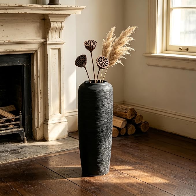 Black Rustic Ceramic Farmhouse Tall Floor Vase,19.7 Inch Vintage Large Vases Pottery Clay Terracotta Rustic Vase for Home Decor Living Room Entryway Table Centerpieces,Kitchen,Housewarming Gifts