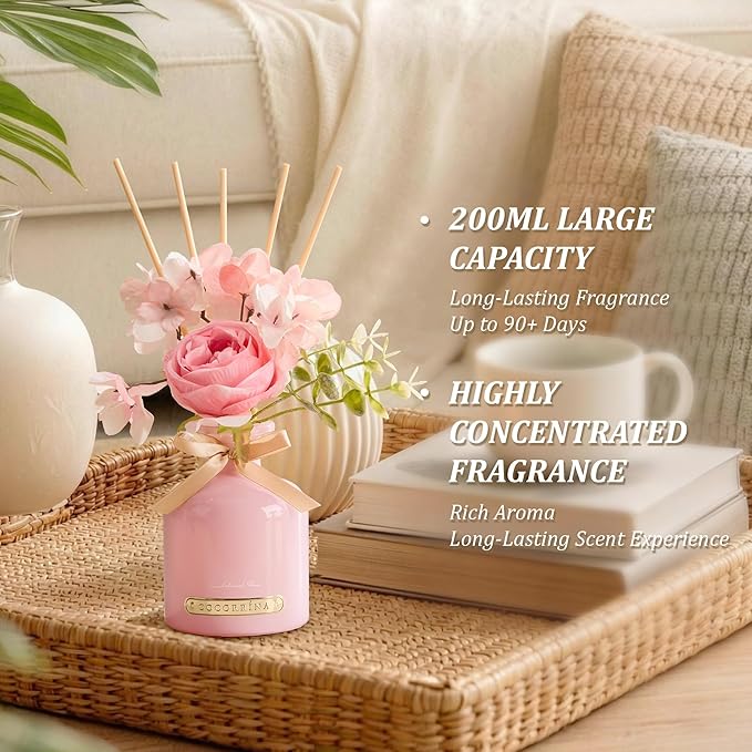 COCORRÍNA Reed Diffuser Set, 6.7oz Flower Reed Diffuser with Sticks, Sandalwood Rose Essential Oil, Long Lasting Home Fragrance for Bathroom, Bedroom & Shelf Decor, Aesthetic Gift for Women