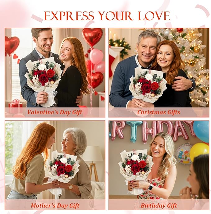 Flowers for Delivery Prime Preserved Flowers Bouquet with Vase That Last 3-5 Years Real Forever Flowers Red Rose Bouquet for Mom Mother Women Wife Friends Birthday Mothers Day Gifts