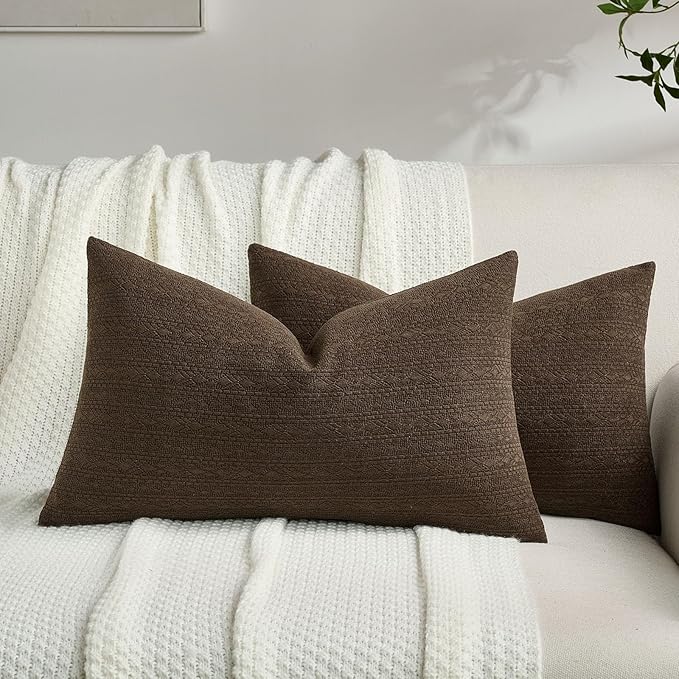 FUTEI Dark Coffee Chenille Throw Pillow Covers 12x20 Inch Set of 2,Soft Striped & Diamond Textured Lumbar Pillow Cases,Modern Home Decor for Couch Living Room