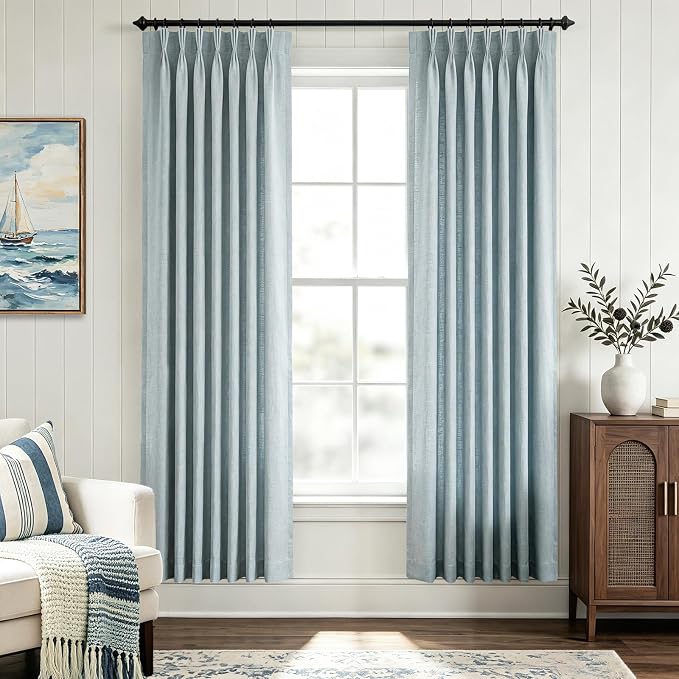 Textured Linen Triple Pinch Pleat Curtains Dusty Blue 40W x 72L Classic Light Filtering Semi Sheer Drapes with Clips Hooks for Balcony Small Living Room Boho Casual Home Decor 2 Panels