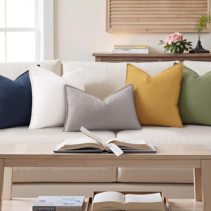 decorUhome Summer Decorative Linen Throw Pillow Covers 12x20 Inch Set of 2 Light Grey Lumbar Pillow Covers with Flange Edges Soft Farmhouse Boho Accent Pillow Cases for Couch Bed Living Room