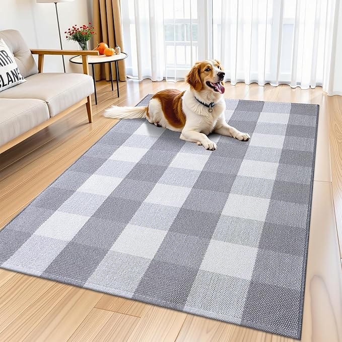 OLANLY Buffalo Plaid Rug 3' x 5' – Grey and White Cotton Checkered Doormat, Washable Indoor Outdoor Rug for Layered Front Porch, Kitchen, Entryway Decor