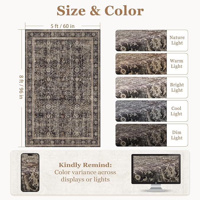 Black Brown 5x8 Washable Area Rugs, Low Pile Thin Lving Room Bedroom Rug Non Slip, Mid-Century Modern Print Carpet Rugs for Dining Room Home Office Vintage Classic Earthy Color