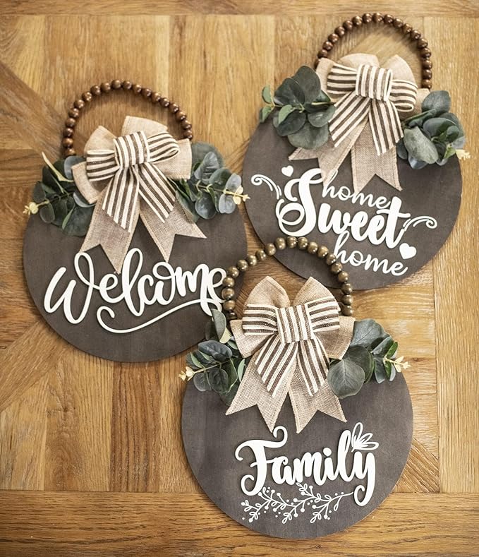 Welcome Sign for Front Door 3D Wooden Wreath Front Porch Decor Hanging for Farmhouse Home Outside Indoor (Brown-Sweet)