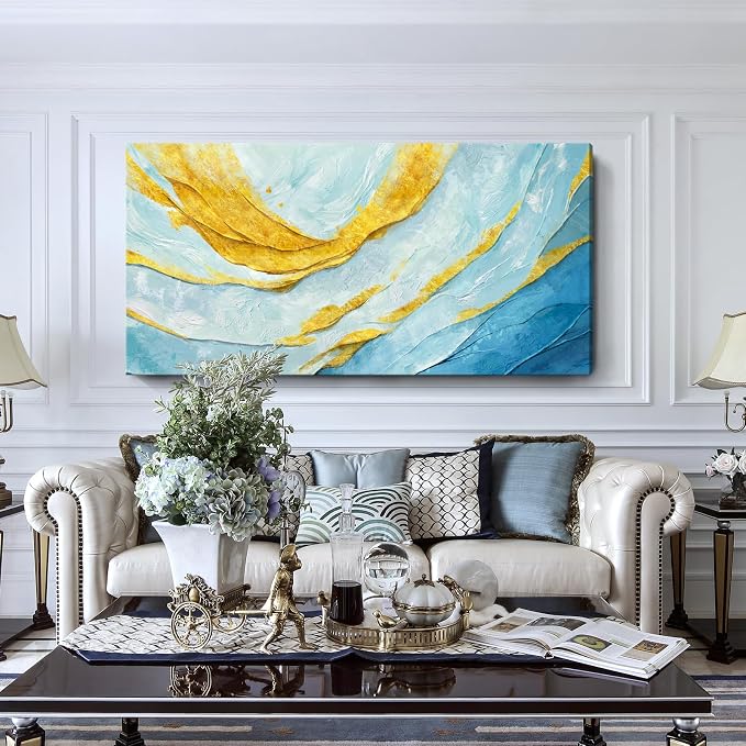 Nicetop Extra Large Abstract Canvas Wall Art for Living Room – Oversized Blue and Yellow Art Print Modern Horizontal Contemporary Artwork Coastal Wall Picture Bedroom Home Office Decor 58x29 Inch