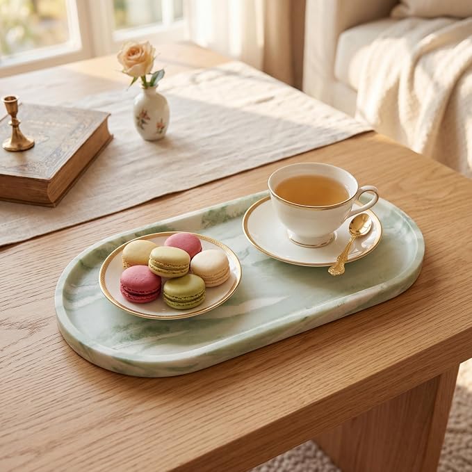 YKAJO Botanical Green Oval Marble Tray, 11.8x5.9 Vanity Perfume Organizer | Honed natural stone; jewelry & trinket dish, ring & key holder, soap & candle catchall; bath counter, dresser, coffee table