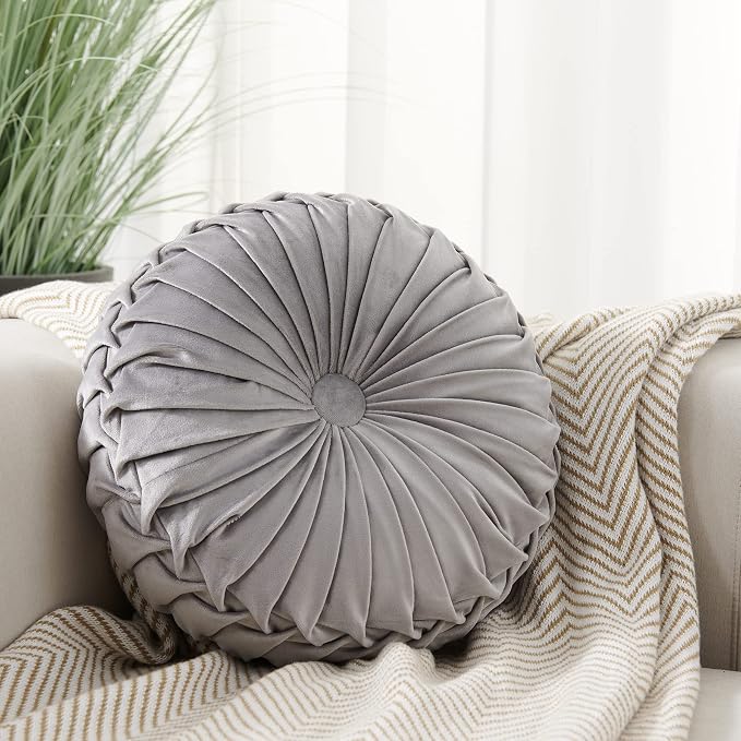 MOJUN Velvet Throw Pillow - Round, Pleated, Filled - Home Decorative Pillow for Couch, Chair, Bed, Car, Floor (Grey, 14inch)