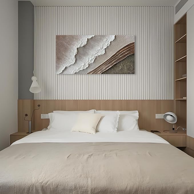 Hand Painted Thick Texture Art Oil Painting on Brown and White Beach Waves Landscape Art Home Wall Decorative Painting 48x24 Inches
