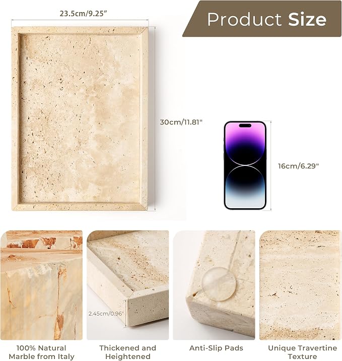 Vanity Tray Italy Travertine Stone for Jewelry, Perfume, Makeup, Candle Large Natural Marble Decorative Trays for Bathroom Dresser Rectangle Kitchen Storage Organizer for Home Decor Beige(WH021)