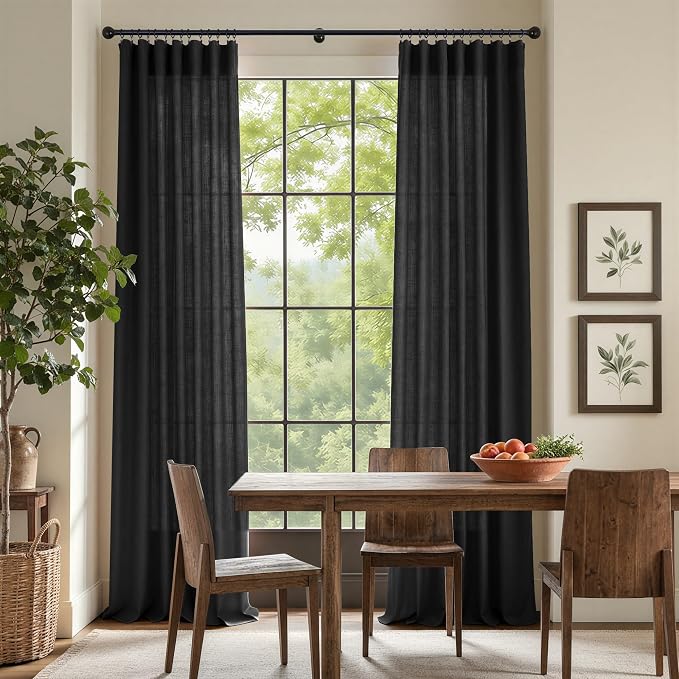 Pitalk Black Linen Sheer Curtains 72 Inch Length for Bedroom Man Cave 2 Panel Back Tab Pocket Light Filtering Semi Privacy Modern Industrial Farmhouse Curtains for Living Room Gothic Decor 52x72 Long