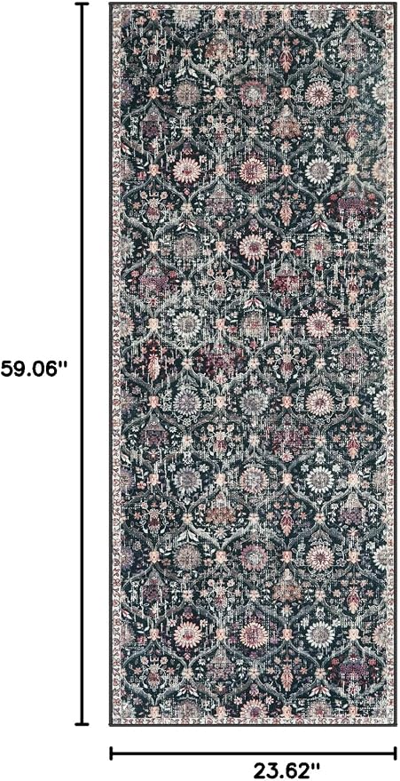 Lahome Moroccan Trellis Kitchen Runner, 2x5 Rug Runners for Hallways Non Slip Laundry Room Rug, Ultra-Thin Washable Vintage Carpet for Bedroom Bathroom Elise, Black/Multi