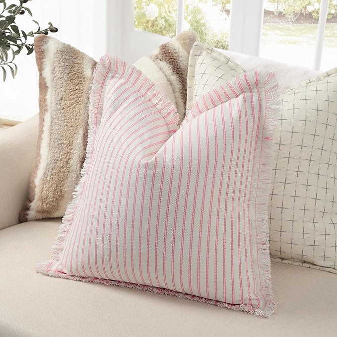 ZWJD Throw Pillow Covers 24x24 Set of 2 Striped Pillow Covers with Fringe Chic Cotton Decorative Pillows Square Cushion Covers for Sofa Couch Bed Living Room Farmhouse Decor, (Pink)