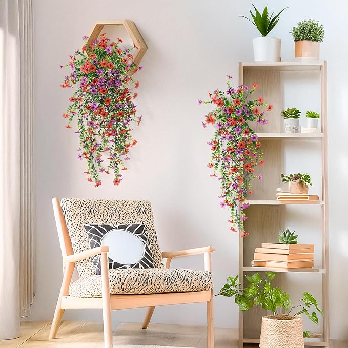 Artificial Hanging Flowers Plants for Outdoor Spring Summer Decoration,2 PCS Faux Silk Daisy with Eucalyptus Leaves,UV Resistant Look Real for Outside Home Planter Porch Patio Balcony Yard Decor