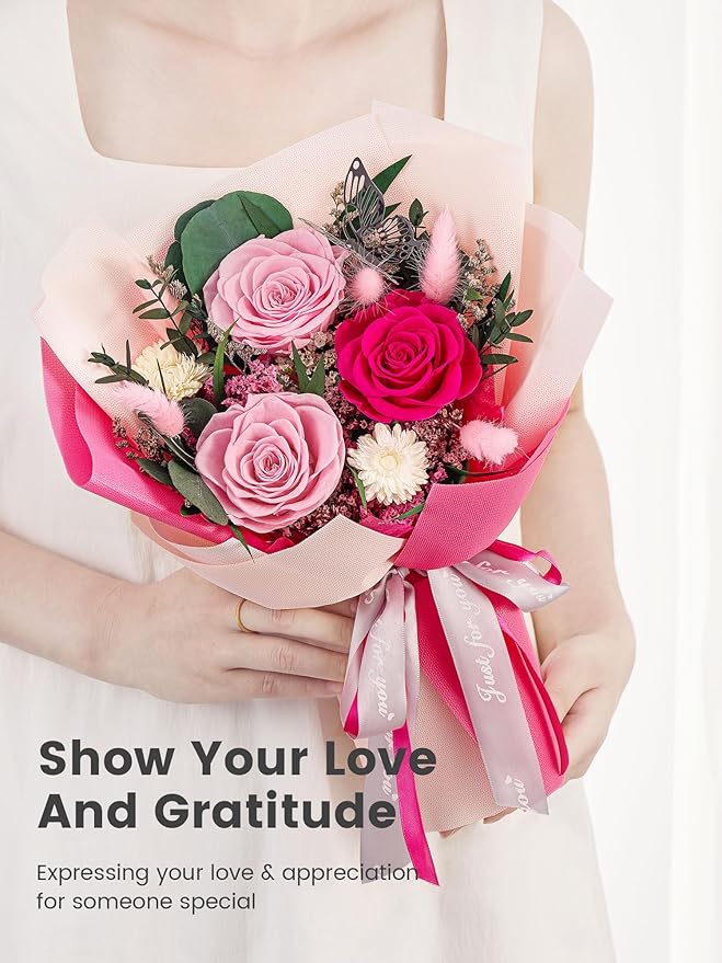 Polylove Flowers for Delivery Prime Forever Flowers Bouquet Preserved Roses Bouquet Flower Gift for Women Wife Mother Day Graduation Birthday (Hot Pink, Small)