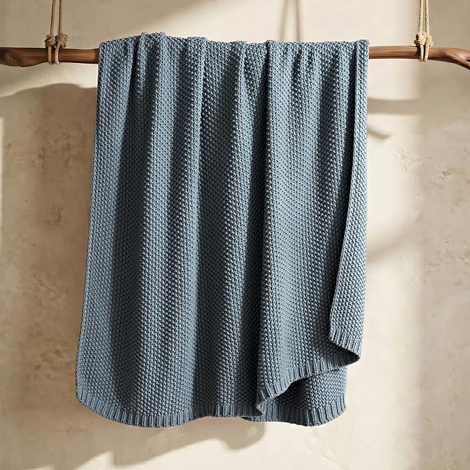 EverGrace Organic Cotton Chunky Knit Throw Blanket, 50 x 60 Dusk Blue | OCS Certified Organic Cotton, Seed Stitch Knit, Soft & Breathable, Cozy Midweight, Decorative Throw for Couch, Bed & Sofa