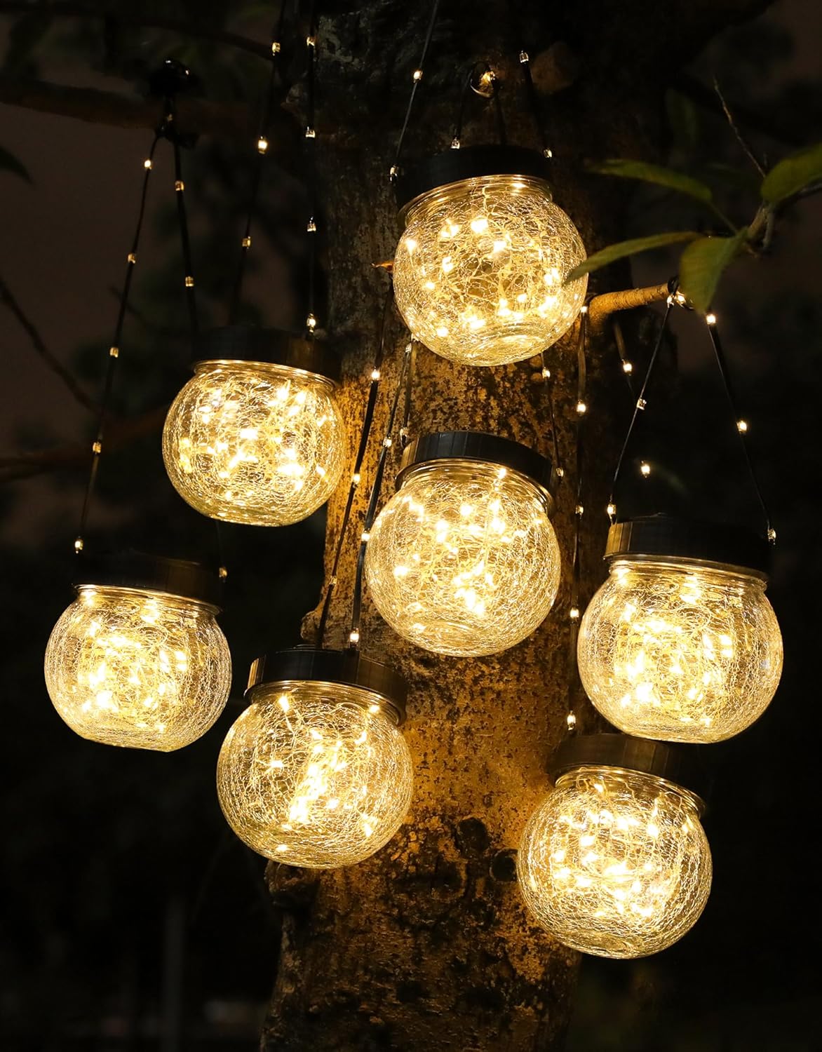 PARTPHONER Solar Lanterns Solar Lights Outdoor Waterproof 18-Pack, Solar Powered Hanging Lights Cracked Glass Hanging Globes for Christmas Decoration, Shepherd Hook, Garden Tree Ornaments