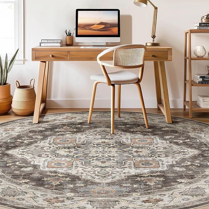 Round Rug Living Room Rugs: 8x8 Washable Boho Neutral Large Circle Soft Indoor Floral Stain Resistant Floor Farmhouse Carpet for Bedroom Nursery Kids Playroom Office Dining Room Dorm- Grey Brown