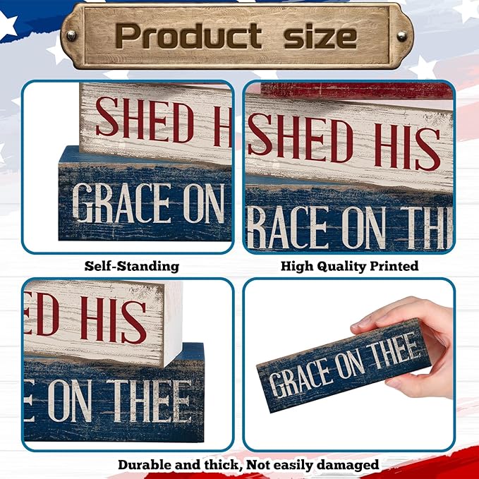 CroBlissful 4 Pcs 4th of July Decorations Patriotic Memorial Day Tabletop Decorations Red White Blue Table Centerpieces Sign for Office Tiered Tray Home Shelf 250th Anniversary(God)