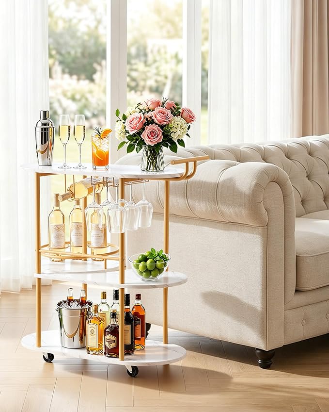 VEVOR Bar Cart, 3 Tiers Home Kitchen Serving Carts, Modern Round Rolling Utility Station on Wheels, Mobile Drink Beverage Trolley w/Wooden Shelf, Wine Rack, Glass Holder, for Living Dining Room, Gold