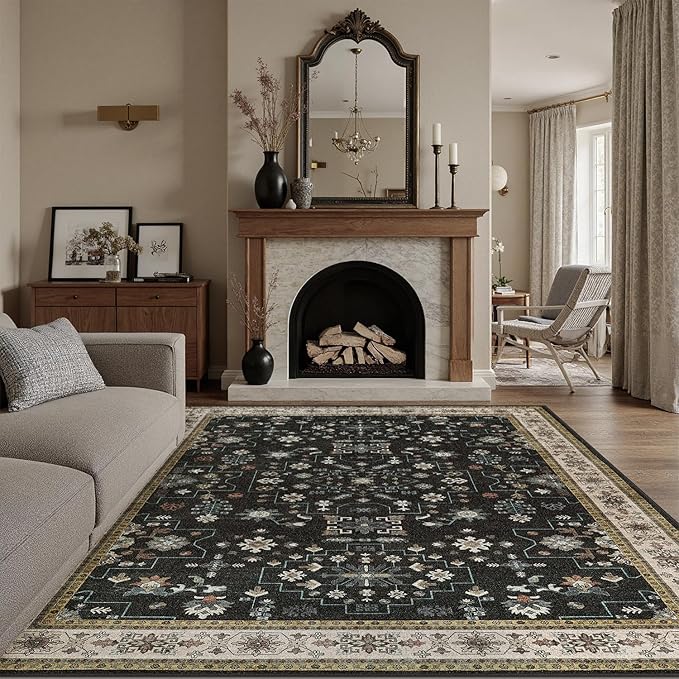DCX Black Boho 5x7 Area Rugs, Machine Washable Non Slip Geometric Floral Rug, Stain Resistant Low Pile Soft Rug for Living Room, Bedroom, Nursery, Playroom
