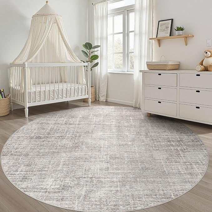 8ft Round Rug Living Room: 8x8 Washable Large Neutral Circle Area Rug Abstract Soft Modern Stain Resistant Indoor Floor Non-Slip Carpet for Bedroom Nursery Kids Office Playroom Dining Room- Brown Gray