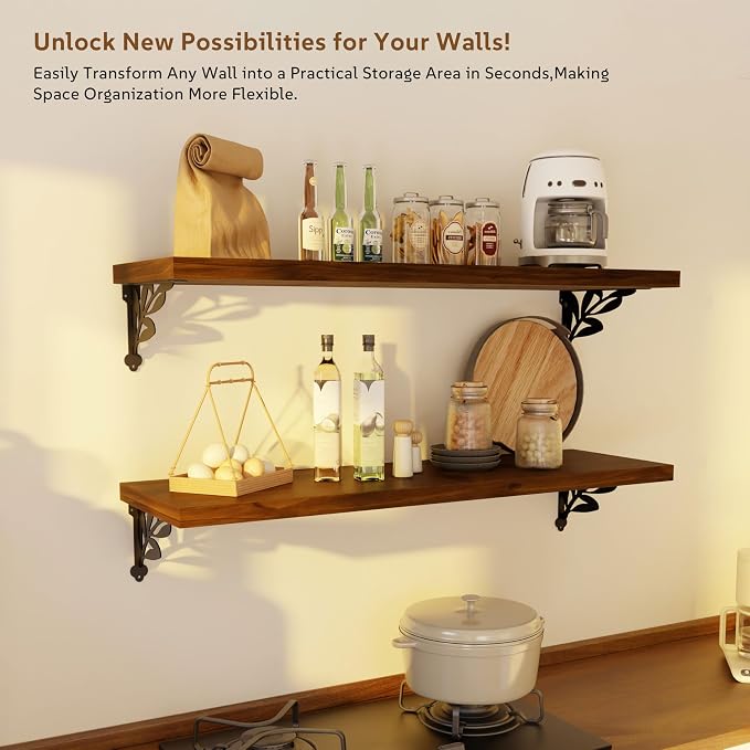36 Inch 2 Tier Solid Wood Floating Shelves for Wall with Metal Brackets | 36 inch solid pine shelves, 2 tier, walnut finish, metal brackets for books, decor and home storage