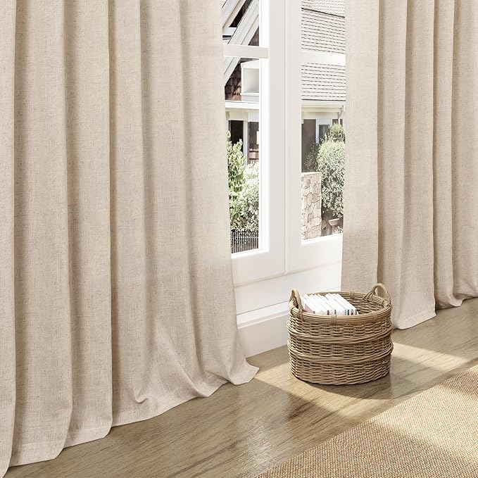 Grey Flax Linen Curtains 108 Inches Long for Living Room Light Filtering Mordern Boho Sheer Curtains Back Tab and Rod Pocket Long Floor to Ceiling High Window Curtain for Bedroom 52x108, 2 Panels