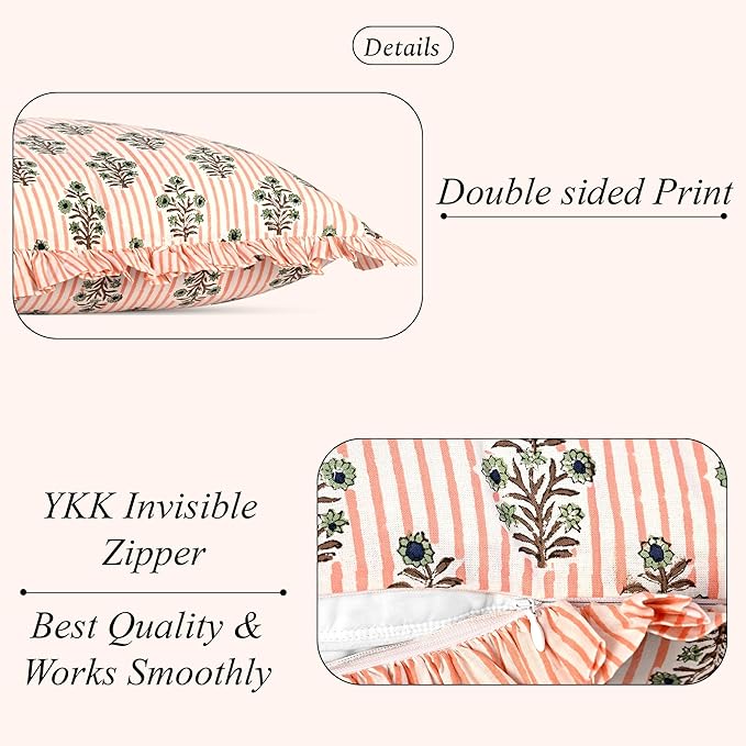 Ridhi Block Print Salmon Blossom Throw Pillow Cover 20" x 20" (Pack of 2) Decorative Cushion Covers with Ruffle for Couch, Sofa, Bed, Living Room, Home Decor Gift for Spring, Easter, Valentine