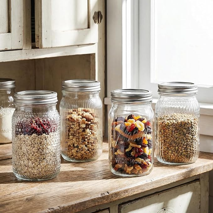 Rubtlamp Clear Mason jar 32 oz, 12 Mixed Pack Glass Jars - Wide Mouth Mason Jars with Airtight Lids for Pickling, Fermenting, Food Storage&DIY Crafts, Microwave & Dishwasher Safe