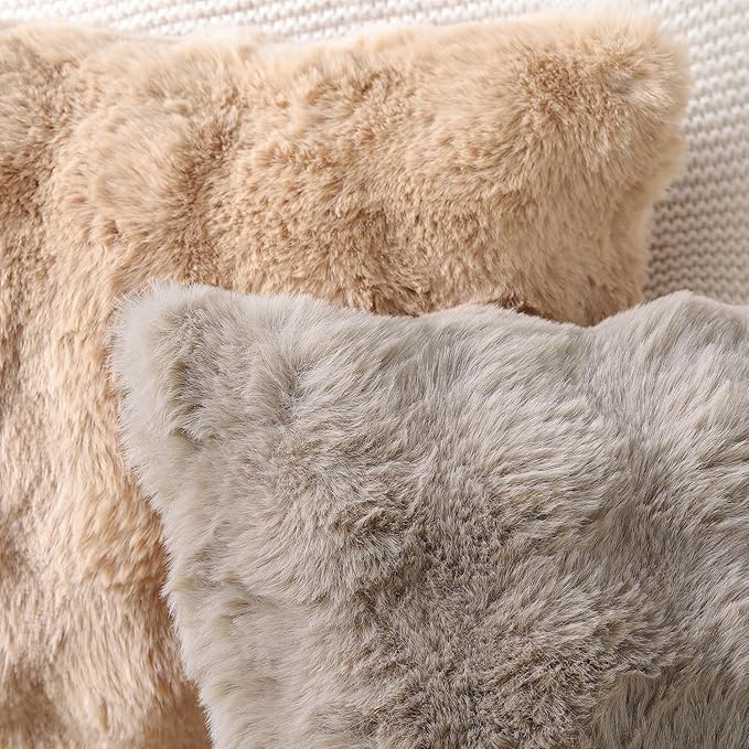 MADIZZ Pack of 2 Thick Plush Faux Wool Throw Pillow Covers Soft Boho Throw Pillows Luxurious Cushion Covers for Couch Sofa Bedroom Living Room Home Decor 20x20 Inch Taupe