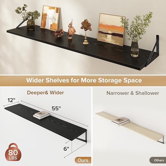 Acovy Deep Floating Shelves Wall Mounted, 55"x12" Black Wall Shelves with Brackets Set of 2 for Bedroom, Living Room, Bathroom, Kitchen, Office - Storage & Display Shelf for Decor, Books, Plants