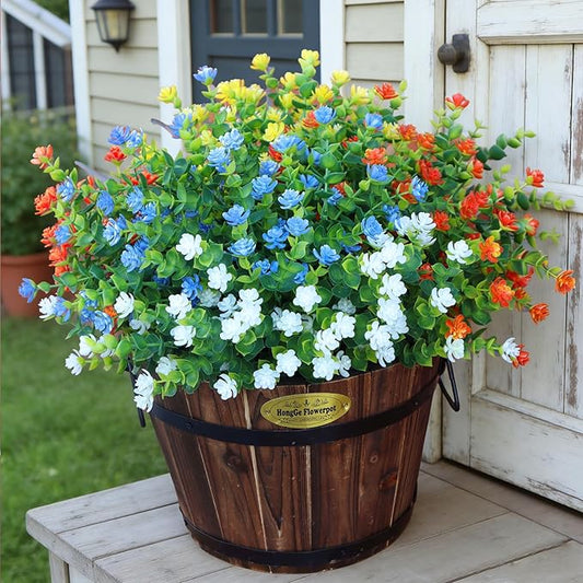 Artificial Flowers Outdoors, 12 Bundles Fake Flowers UV-Anti for Decoration Faux Plastic Plants Garden Porch Window Box Décor,YellowBlueWhiteOrange
