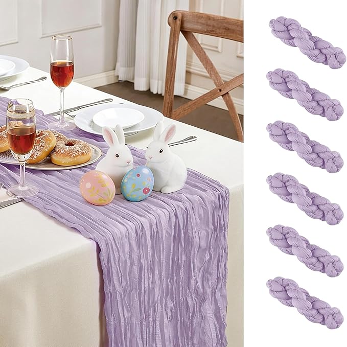 6 Pack Purple Mother’s Day Cheesecloth Table Runner 10FT Long Spring Boho Gauze Table Runner Rustic Sheer Runner for Wedding Bridal Baby Shower Birthday Party Table Decor Home Easter Decorations