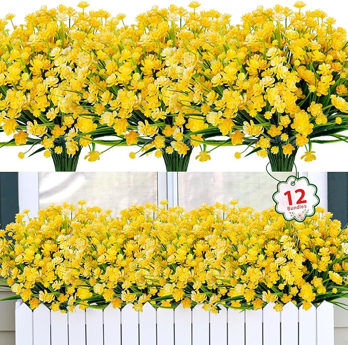 Ouddy Decor 12 Bundles Artificial Flowers for Outdoors UV Resistant Fake Plastic Plants Faux Greenery Stems for Spring Summer Indoor Garden Patio Window Box Kitchen Home Decor, Yellow