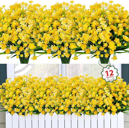 Ouddy Decor 12 Bundles Artificial Flowers for Outdoors UV Resistant Fake Plastic Plants Faux Greenery Stems for Spring Summer Indoor Garden Patio Window Box Kitchen Home Decor, Yellow