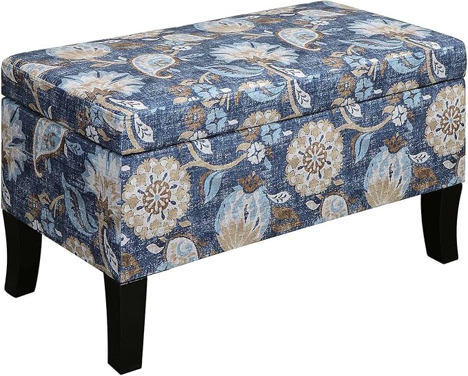 Convenience Concepts Designs4Comfort Winslow Storage Ottoman Bench 32" - Transitional Upholstered Footstool & Seat, for Living Room, Entryway, Hallway, & Bedroom, Indigo Flora Fabric