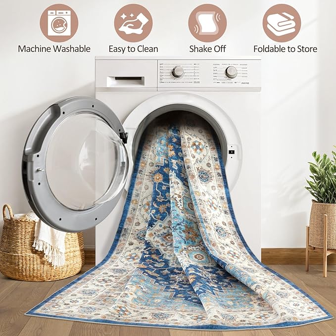 10x14 Area Rug Living Room: Washable Boho Large Neutral Vintage Soft Rugs Stain Resistant Farmhouse Non-Slip Indoor Floor Retro Carpet for Bedroom Nursery Kids Office Dining Room- Navy Beige