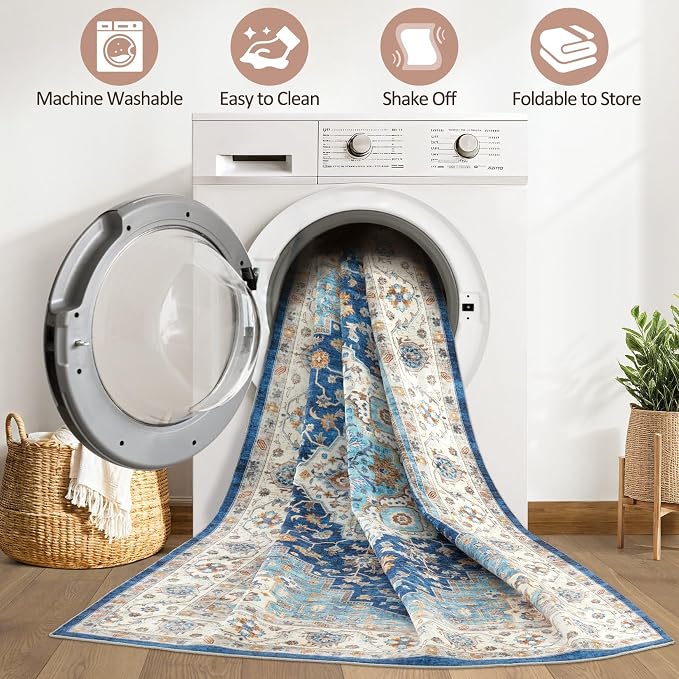 7x9 Area Rug Living Room: Washable Boho Large Neutral Vintage Soft Rugs Stain Resistant Farmhouse Non-Slip Indoor Floor Retro Carpet for Bedroom Nursery Kids Office Dining Room- Navy Beige