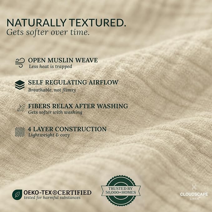 CLOUDSCAPE 4 Layer Muslin Blanket for Adults - 100% Cotton Throw Blanket - 50"x70" Oversized Gauze Throw for Sofa, Couch - Soft Lightweight Breathable Muslin Cotton Throws for Summer - Fog