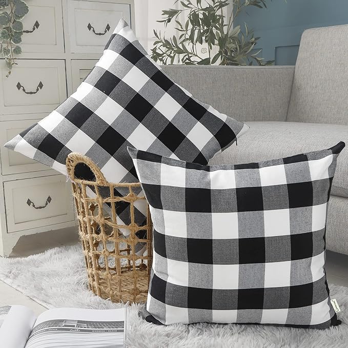CARRIE HOME Black and White Buffalo Plaid Pillow Covers 18x18 Set of 2 Black Check Plaid Outdoor Pillow Covers 18x18 Black Throw Pillows for Farmhouse Christmas Decor